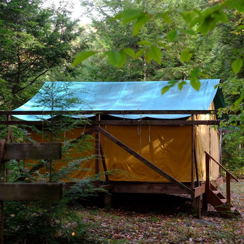 side view of a platform tent in the woods