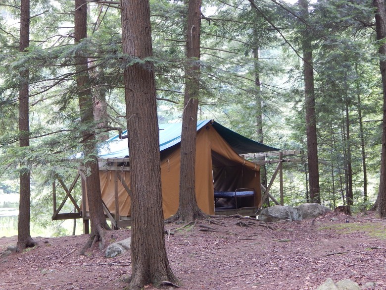 a platform tent in the woods