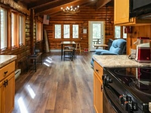 a cabin kitchen and seating area