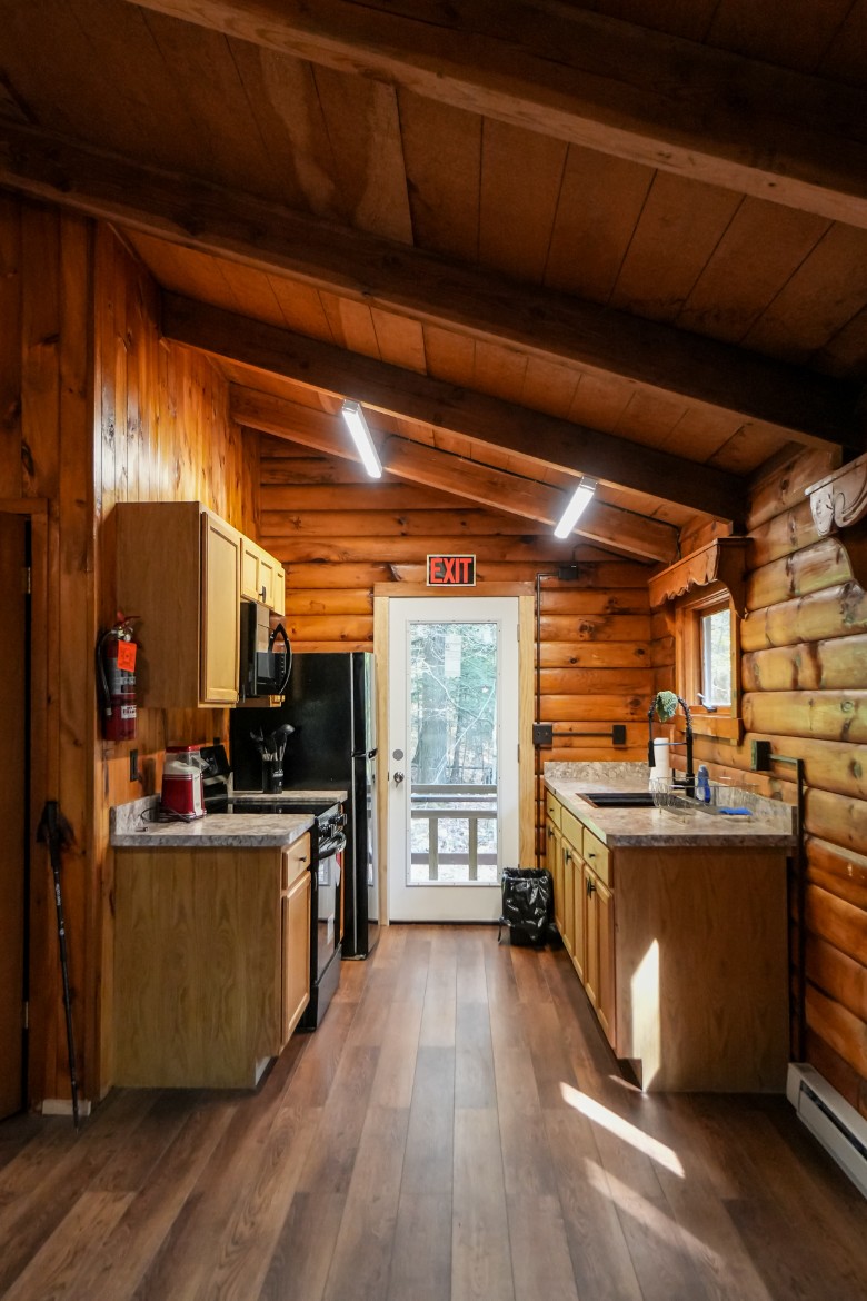 side view of a cabin kitchen