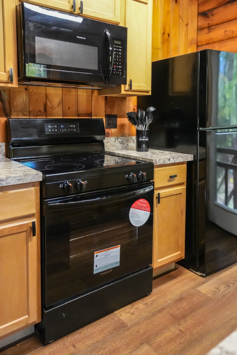 oven, microwave, and fridge in a cabin kitchen