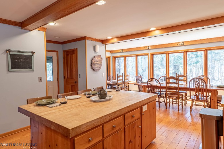 large kitchen and dining area