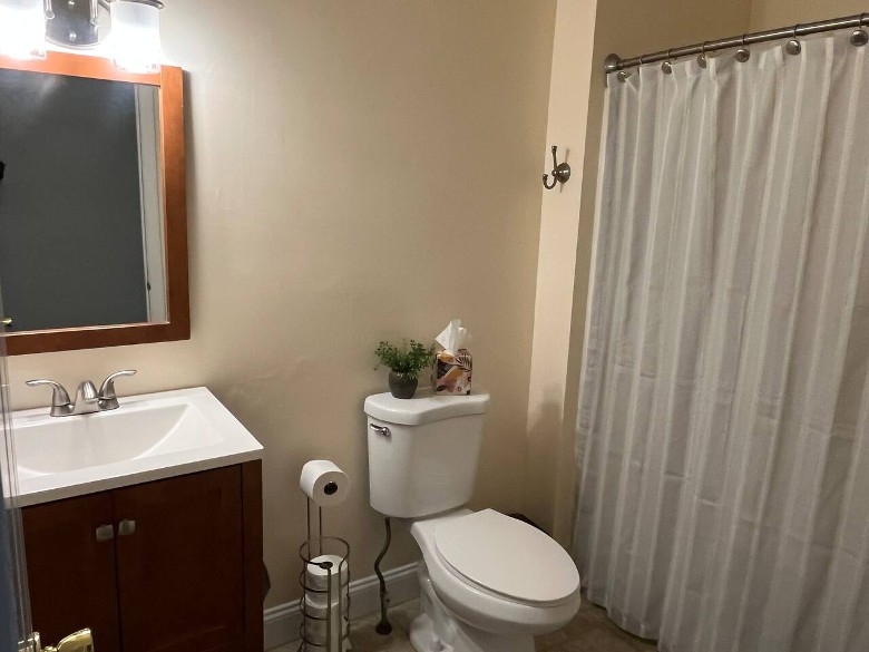 a house bathroom with a sink, mirror, toilet, and shower with the curtain closed