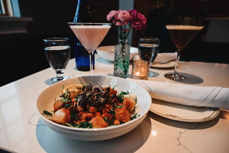 plated food and cocktails