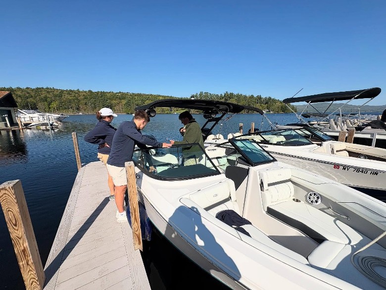 boats docked on a lake