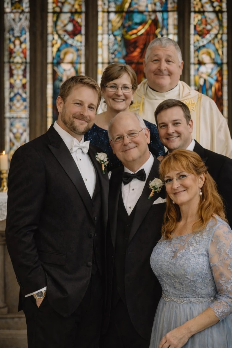wedding officiant in group wedding photo