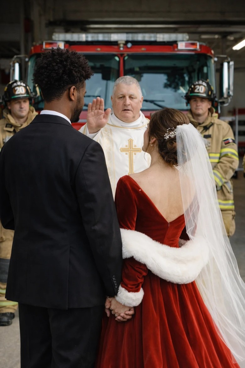 wedding officiant with couple at firehouse