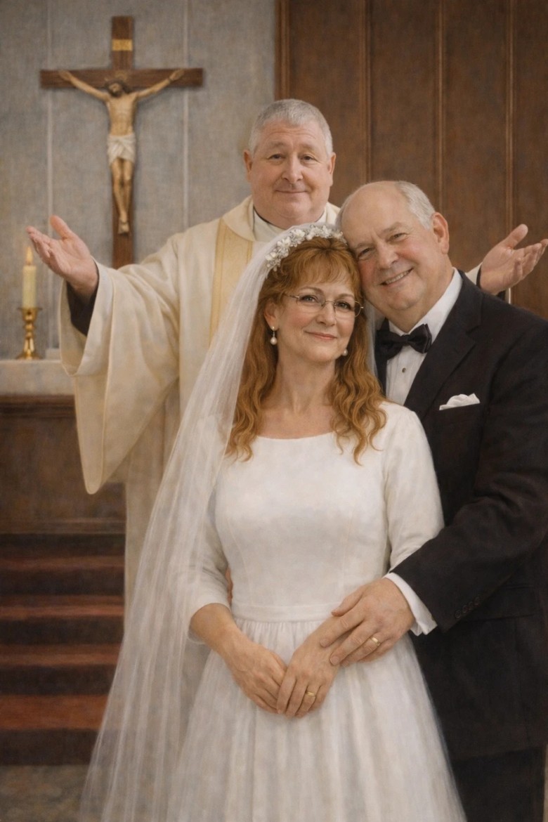 wedding officiant with couple at church