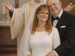 wedding officiant with couple at church