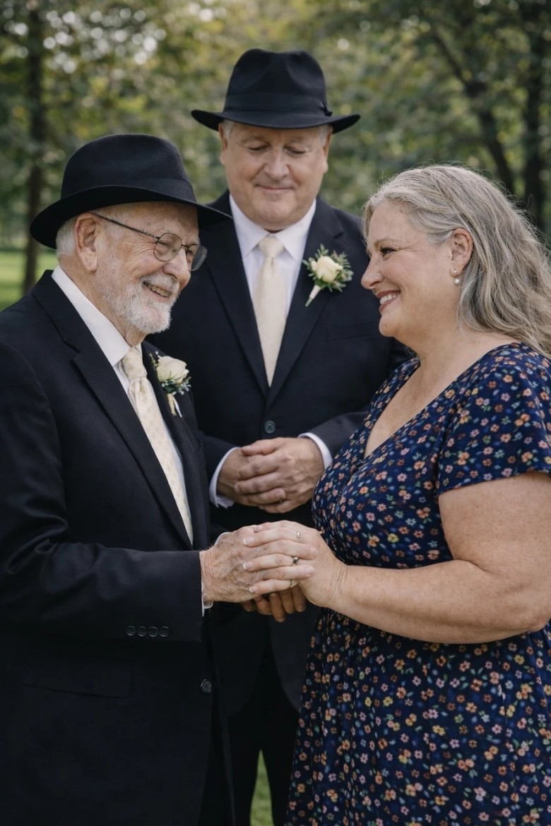wedding officiant with couple at outdoor ceremony
