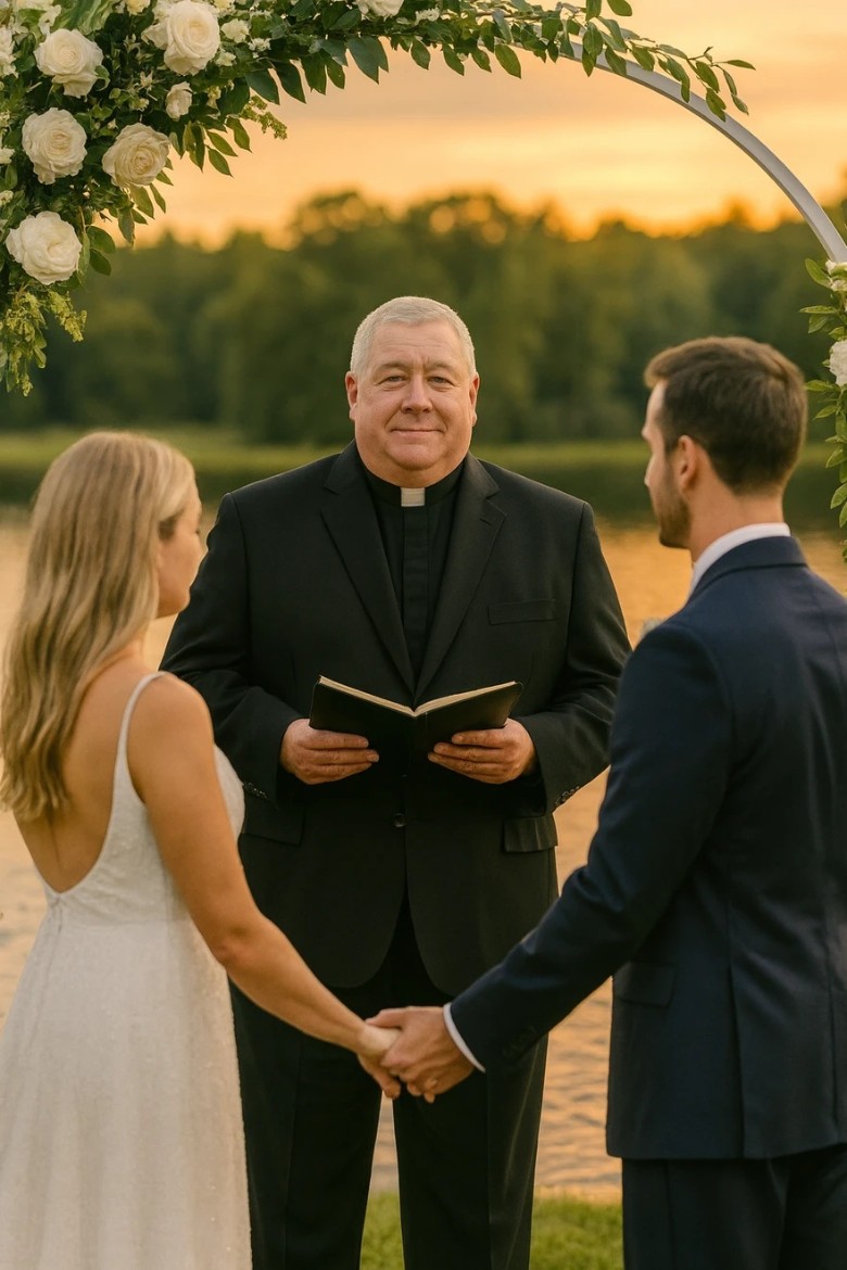 wedding officiant with couple at outdoor ceremony by pond