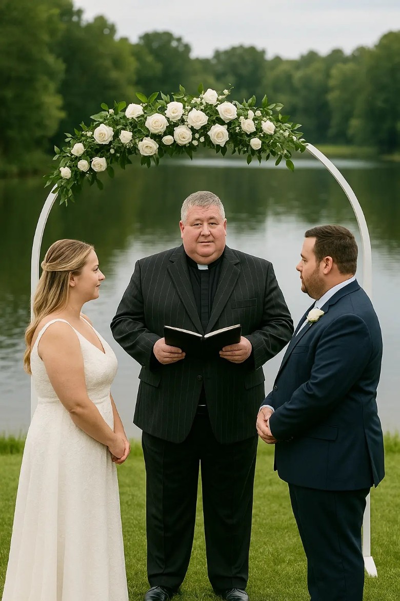 wedding officiant with couple at outdoor ceremony by pond