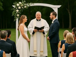 wedding officiant with couple at outdoor ceremony