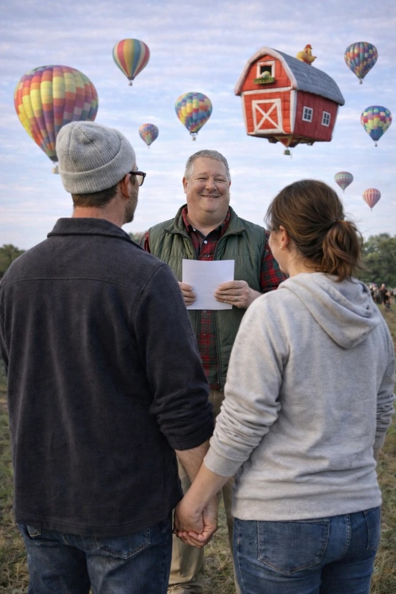 wedding officiant with couple at outdoor ceremony with hot air balloons in the sky