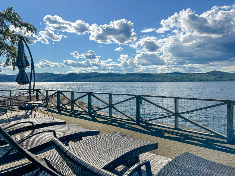 a sun deck overlooking the lake