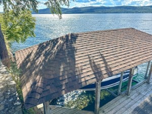 aerial view of a covered boathouse
