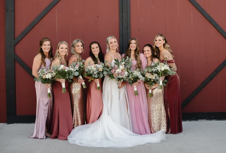 the bridal party outside a red barn
