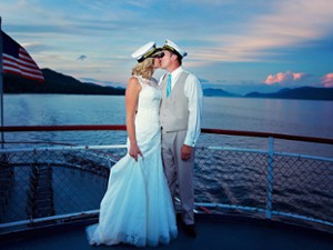 bride and groom on boat