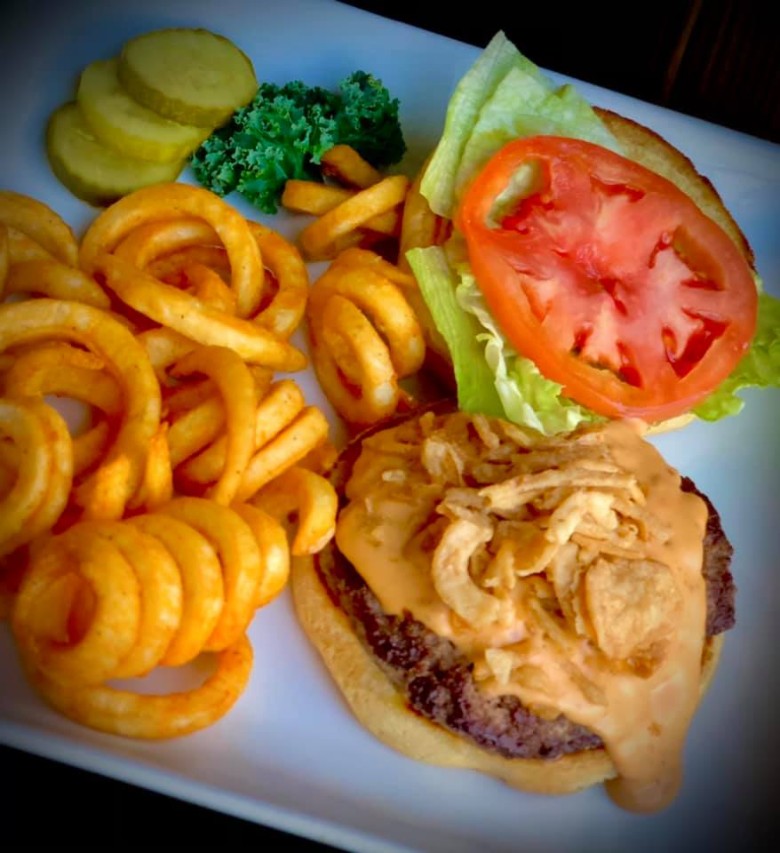 burger with curly fires