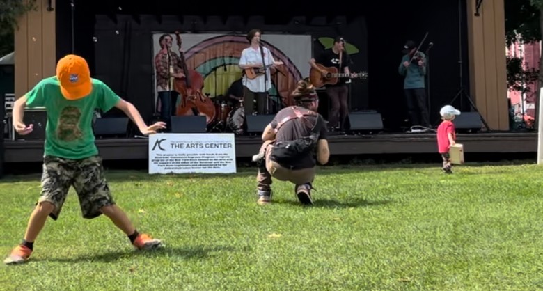 people on a grassy lawn with a concert on stage