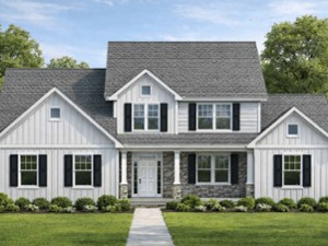 artist rendering of the exterior of a two story white house with stone features by the door