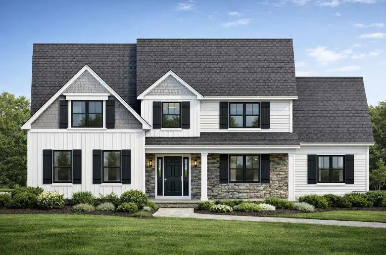 artist rendering of the exterior of a two story white house with stone features by the door