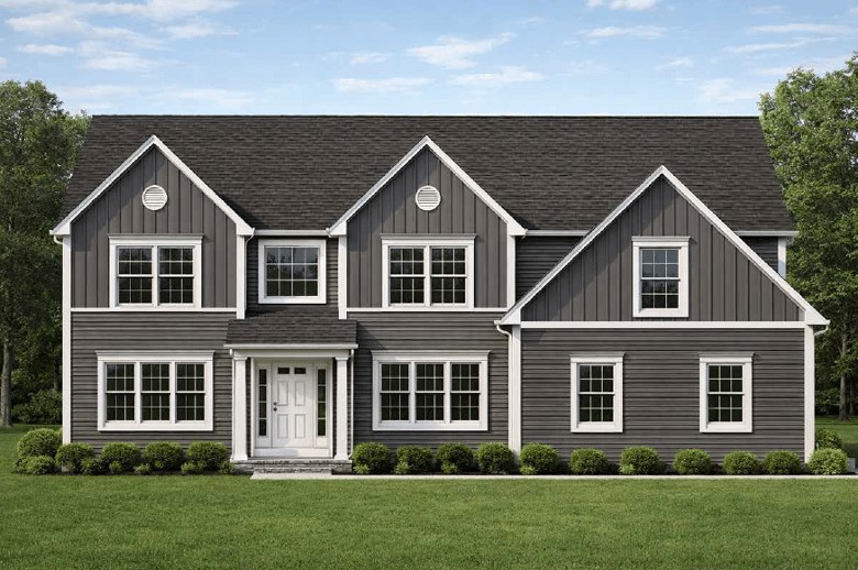 artist rendering of a two story dark gray house with white trim