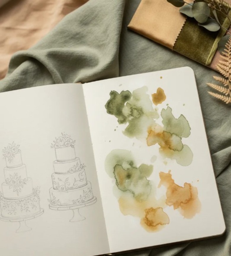 wedding cake design drawing and watercolor