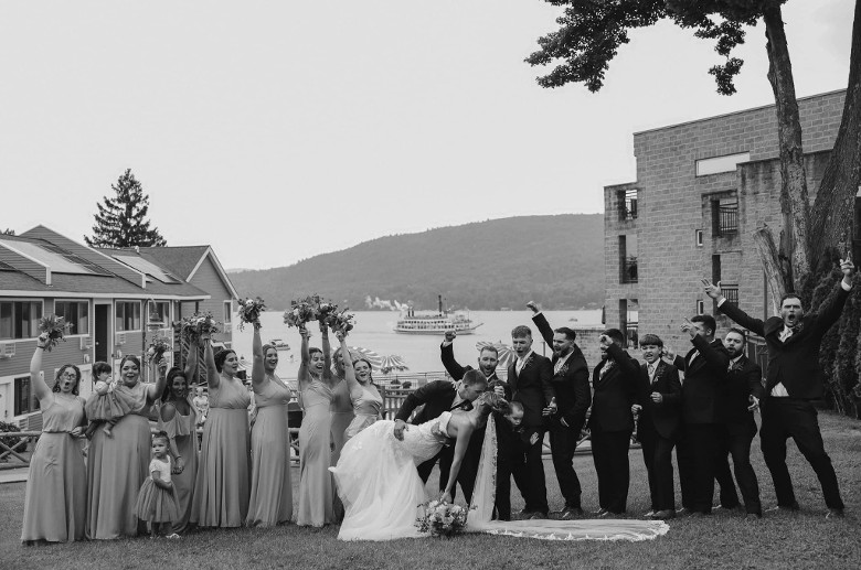 black and white photo of an outdoor wedding celebration
