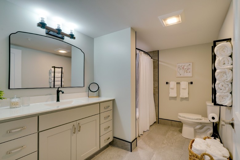 a house bathroom with a sink, mirror, toilet, and shower with curtain