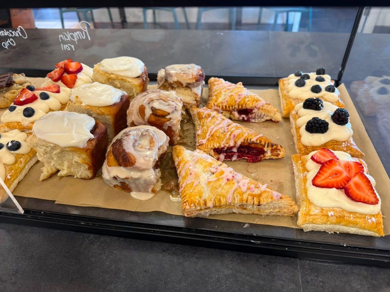 A spread of house-made baked goods and pastries at Harrisville Coffee Co. a pastry display