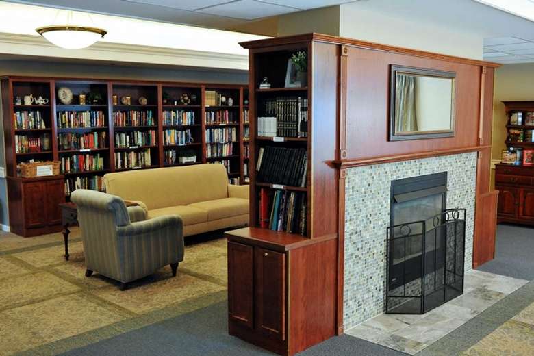 library with fireplace