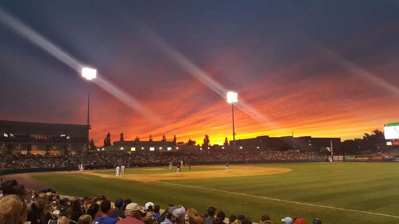 baseball game at sunset