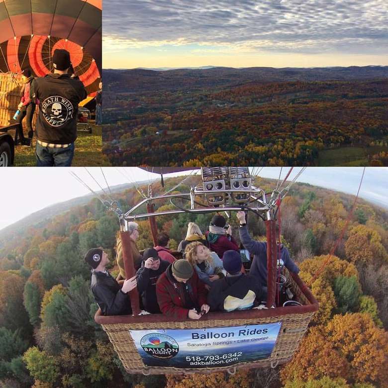 three images showcasing autumn trees and a hot air balloon