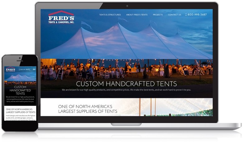 fred's tents website on a computer and phone screen