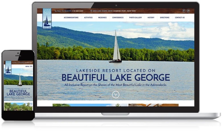 lakeside resort website on a computer and phone screen