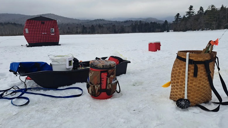 ice fishing gear and a tent