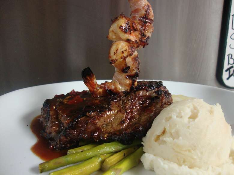 filet with grilled shrimp, asparagus, and mashed potatoes