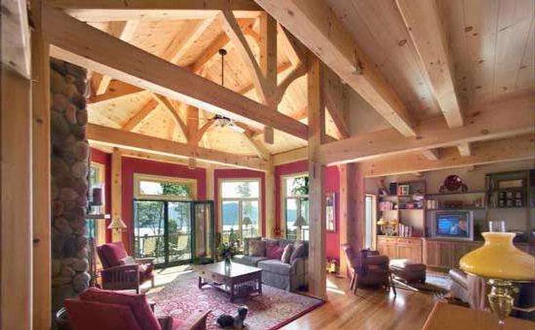 living room with high wooden ceilings