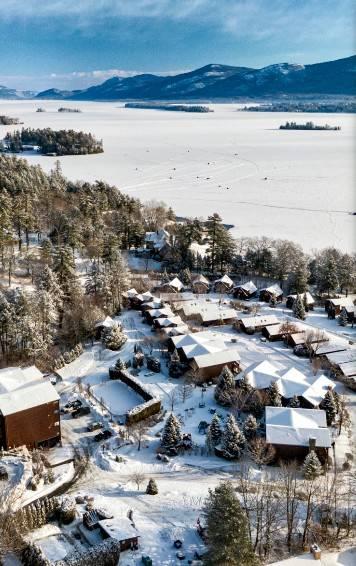 aerial view of lodges at cresthaven in winter