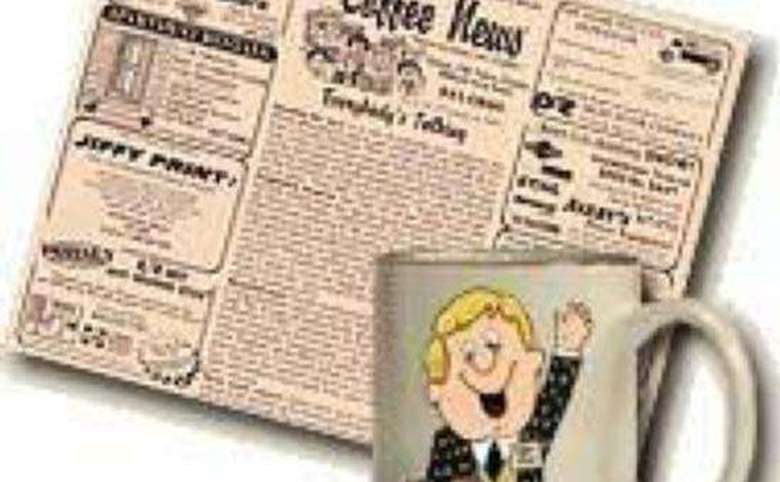 folded newspaper with coffee mug displaying coffee news logo of a cartoon man waving