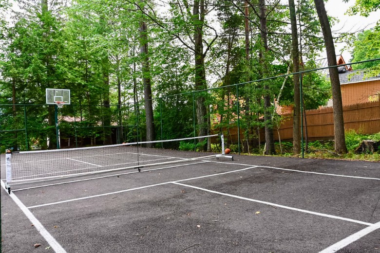 A quiet outdoor court with a basketball hoop and tennis net sits surrounded by tall trees and a wooden fence.
