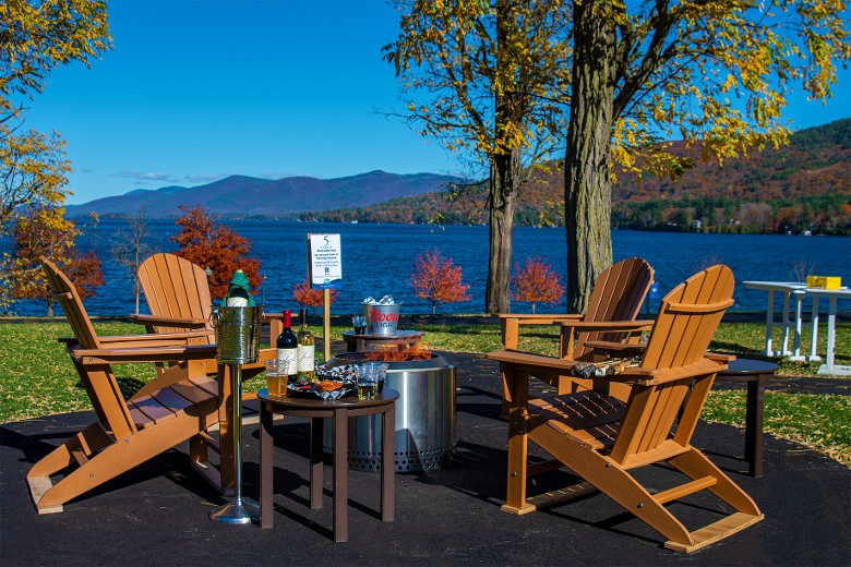 Lake-view firepit, complete with food and drinks.