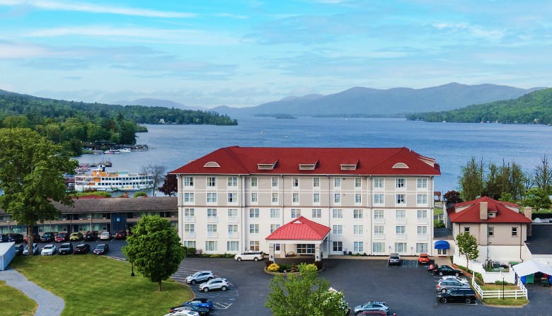 Hotel shot with view of Lake George.