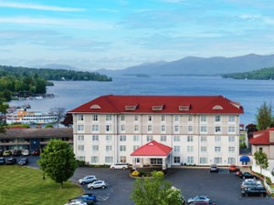 Hotel shot with view of Lake George.