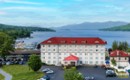 Hotel shot with view of Lake George. 