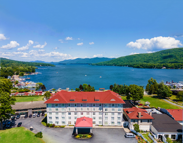 Aerial image of hotel with lake view