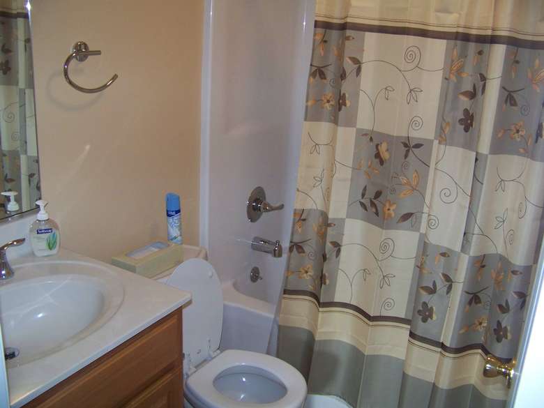 a bathroom with a sink and mirror on the left, a bathtub and shower combo on the right, and a toilet in-between