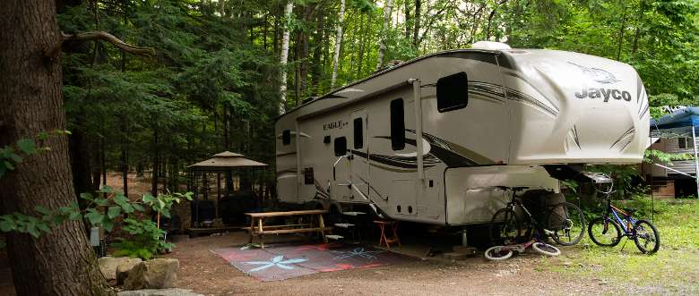 large RV camper at a campsite