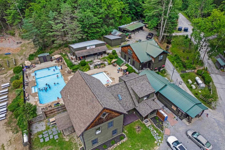 Aerial view of office and pool areas.